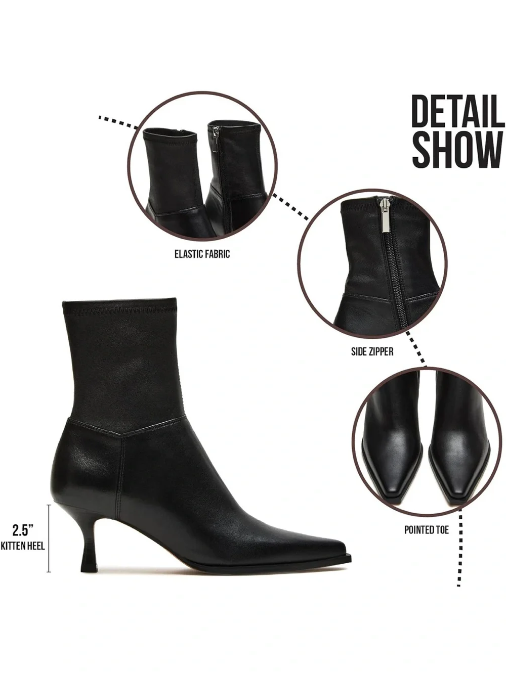 Women's Black Pointed Toe Kitten Heel Ankle Boots